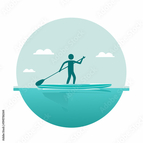 Illustration of a person engaged in stand-up paddleboarding on calm water under a serene sky