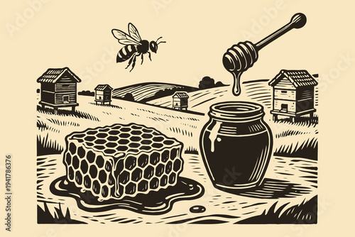 PriHoney jar, dripping dipper, honeycomb and bee in a rustic farm field with wooden beehives, woodcut style, beige background, beekeeping concept