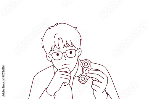 Coloring page illustration of young man with autism using fidget spinner to manage anxiety and focus his mind for sensory regulation