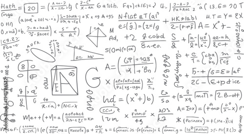 Hand drawn mathematical equations and diagrams on a white background with grey ink mathematics formula