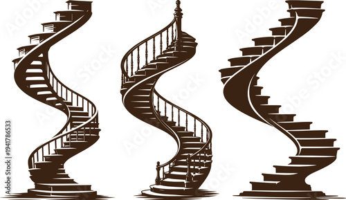 Elegant Spiral Staircase Illustration Set, Vintage Curved Stairway Architectural Design.