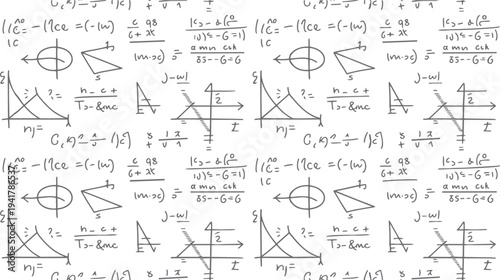 Hand drawn mathematical equations and graphs with geometric shapes and diagrams on a white background