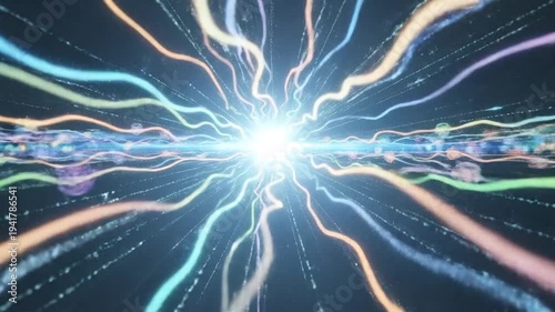 Abstract glowing particles and light streaks emanating from a central bright light source.