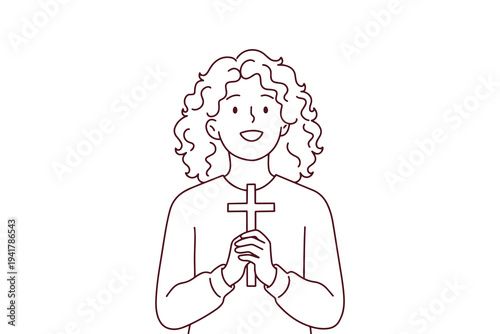 Religious coloring page of curly haired young woman praying with cross in her hands to find hope and express christian faith