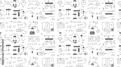 Hand drawn electrical circuit diagrams and equations scattered across a white background with grey lines and shapes