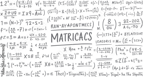 Hand drawn mathematical equations and formulas with the word M A T R I C A C S in large grey letters