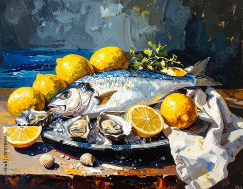 Fresh whole fish, oysters, and bright lemons arranged on ice in a vibrant coastal still life for seafood, culinary, and Mediterranean cuisine concepts