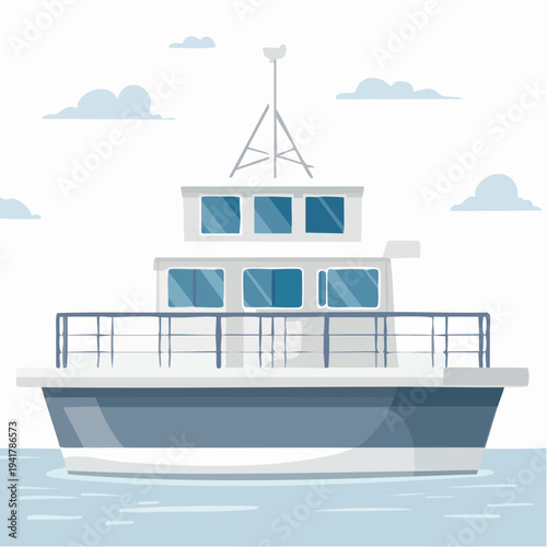 Modern white and blue passenger ferry boat sailing on calm waters with clouds in background