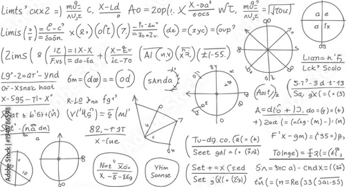 Handwritten mathematical equations and geometric diagrams on a white background mathematics formula science