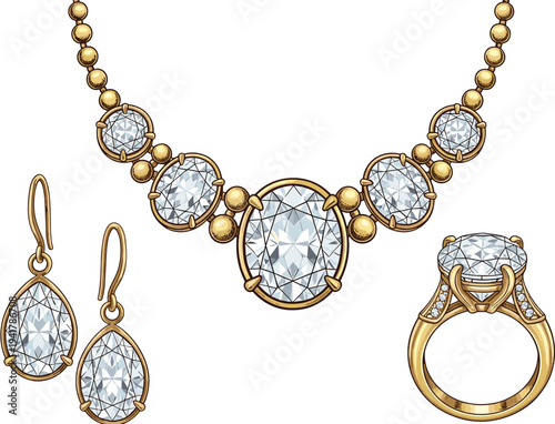 Luxury diamond and gold jewelry set featuring elegant necklace teardrop earrings and matching ring for fashion and wedding design