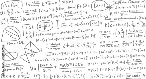 Hand drawn mathematical equations and diagrams in grey ink on a white background with various symbols and notations