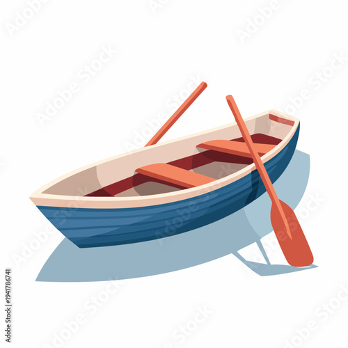 A blue rowboat with oars rests on calm water, casting a shadow