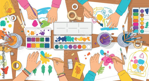 A colorful overhead view of multiple hands engaged in painting and drawing