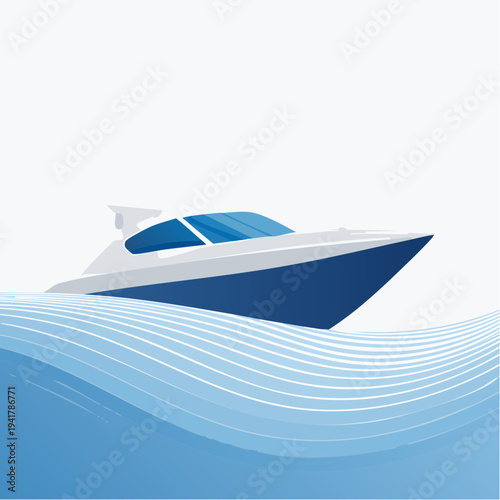 Illustration of a modern speedboat cruising on blue stylized waves, representing recreation and leisure on the water