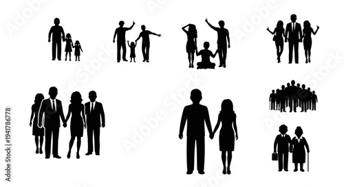 Silhouettes of people in various group configurations, depicting family and community.