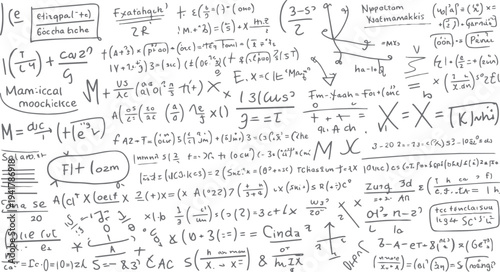 Handwritten mathematical equations and symbols scattered across a white background with some boxed text and diagrams