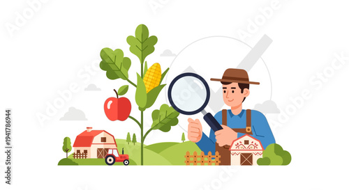 Agronomist Farmer Inspecting Crops with Magnifying Glass. Agricultural Quality Control, Genetic Engineering, and Farming Science Technology.