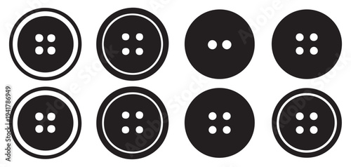 Simple black sewing buttons icons, classic 2-hole and 4-hole fasteners. vector illustration eps 10