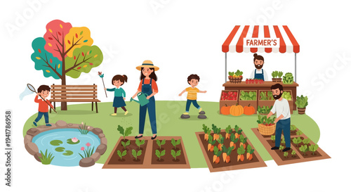 Happy Family Gardening and Farmer's Market Vector. Parents, Kids, and Farmers Growing and Selling Fresh Organic Produce in Community Garden.