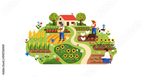 Integrated Sustainable Organic Farm Illustration with Farmers, Bountiful Harvest, Crops, and Livestock on a Rural Homestead.