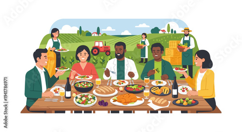 Farm to Table Community Dinner: Diverse People Enjoying a Fresh Harvest Meal with Farmers in a Rural Agricultural Landscape.