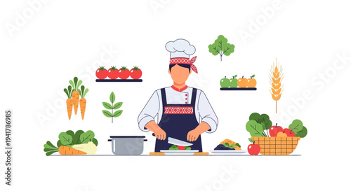 Chef Preparing Healthy Food: Cooking, Chopping Vegetables, and Fresh Ingredients Illustration.