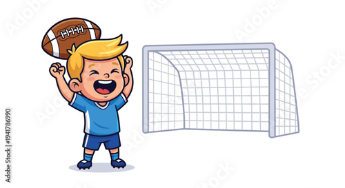 Joyful boy celebrates with a football near a soccer goalpost