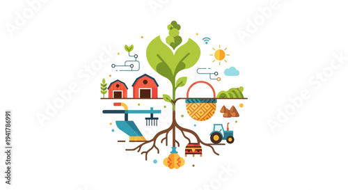 Smart Farming and Sustainable Agriculture Concept: Flat Design Vector Illustration of a Growth Cycle with Technology Integration, Barns, Tractor, and Roots.