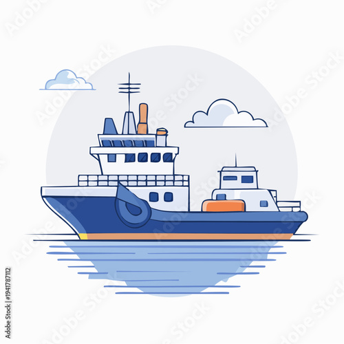 Modern Cargo Ship Illustration Navigating Calm Waters Under a Clear Sky in Minimalist Style