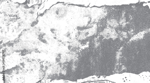 Grey halftone texture with torn paper edges and faint text fragments white dots
