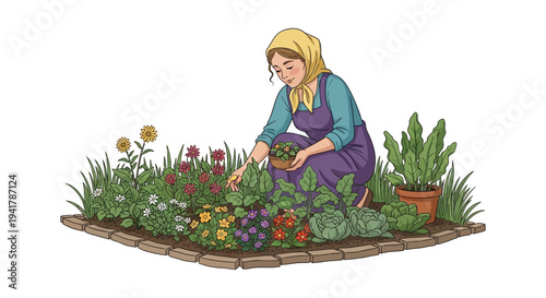 Woman Gardener Tending Flowers and Vegetables in a Raised Garden Bed. Female Farmer Planting Seedlings. Isolated Vector Illustration.