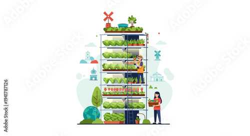 Vertical Farming Illustration: Sustainable Urban Agriculture, Smart High-Rise Farm with Workers Harvesting Hydroponic Crops.