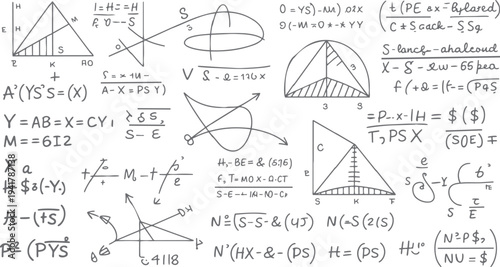 Hand drawn mathematical equations and geometric diagrams with various symbols and notations mathematics