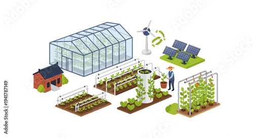 Isometric Smart Farming Concept: Sustainable Agriculture, Greenhouse, Renewable Energy (Solar Panels and Wind Turbine), and Automated Garden System.