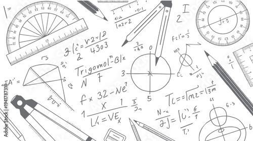 Hand drawn math equations and geometry tools on white background science education algebra