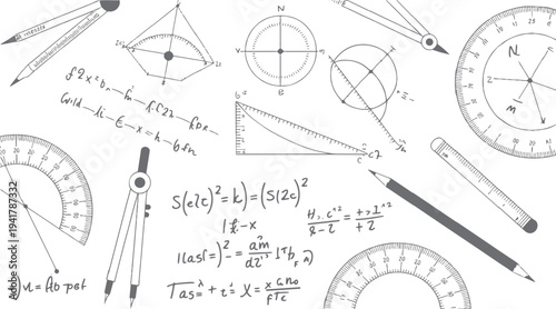 Hand drawn mathematical instruments and equations on a white background mathematics education science