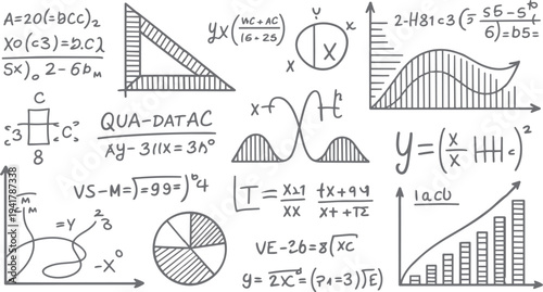 Hand drawn mathematical equations and graphs with geometric shapes and formulas on a white background