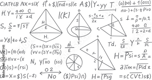 Hand drawn mathematical equations and geometric shapes on a white background mathematics formula 1 geometry