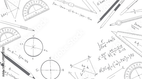 Hand drawn geometry tools and mathematical equations on white background education science learning