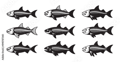 Nine black and white fish skeleton illustrations in different poses and fin designs vector art