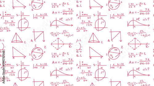 Hand drawn pink mathematical equations and geometric shapes on white background mathematics formula geometry