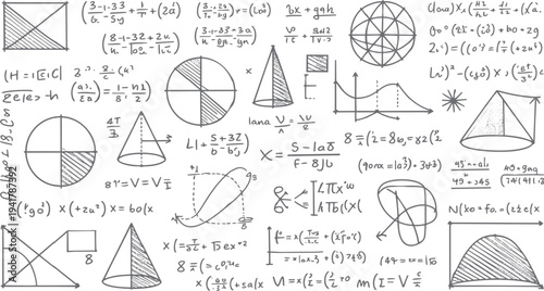 Hand drawn mathematical equations geometric shapes and graphs on white background mathematics formula