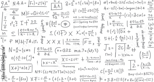 Hand drawn mathematical equations and symbols scattered across a white background mathematics formula