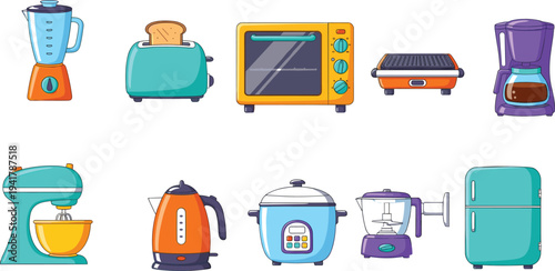 Hand-drawn kitchen appliance collection featuring blender, toaster, oven, coffee maker, stand mixer, electric kettle, rice cooker, food processor, and refrigerator.