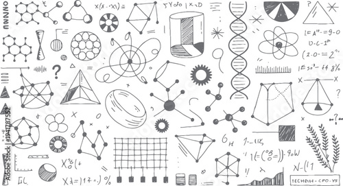 Hand drawn scientific and mathematical doodles including D N A molecules atoms and geometric shapes science