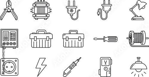 Electrical Tools Line Icon Vector Set with Pliers, Cable Reel, Multimeter, Plug, Lamp and Electric Equipment