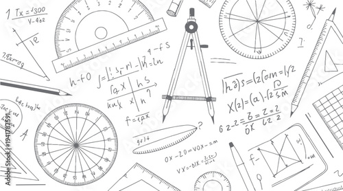 Hand drawn mathematical instruments and formulas on a white background mathematics geometry science education
