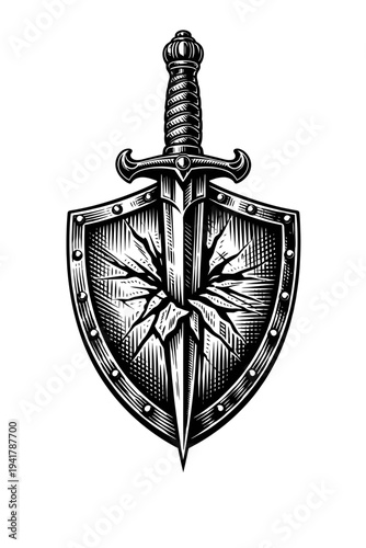 Vintage woodcut illustration of a formidable medieval sword piercing a sturdy, riveted heraldic shield with a dynamic starburst crack pattern. This detailed black and white engraving captures the esse