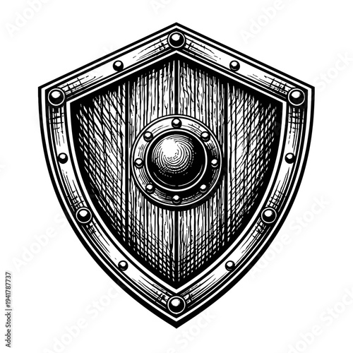 Intricate Hand-Drawn Medieval Wooden Shield Illustration with Metal Rivets and Central Boss in Classic Engraving Style. A Vintage Black and White Vector Graphic for Historical, Fantasy, and RPG Design