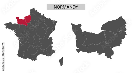 Map of France Highlighting the Normandy Region and Detailed View of Regional Departments for Geographic and Administrative Use